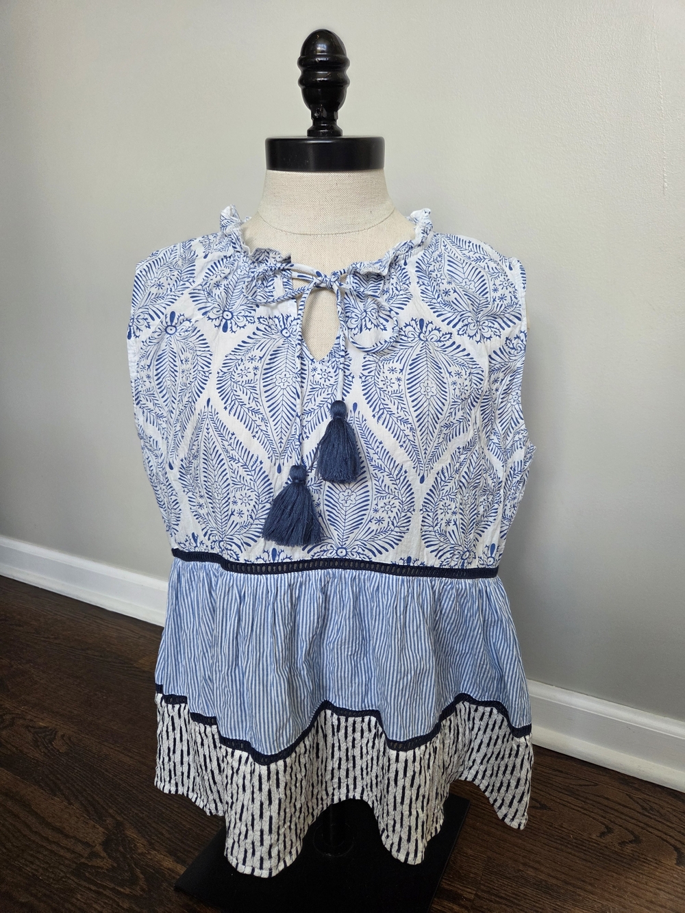 THML Sleeveless Blue & White Tassel Peplum Cotton Viscose Top